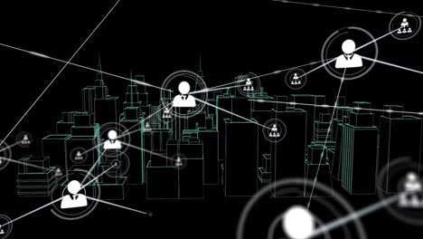 animation of network of connections with icons over 3d city drawing