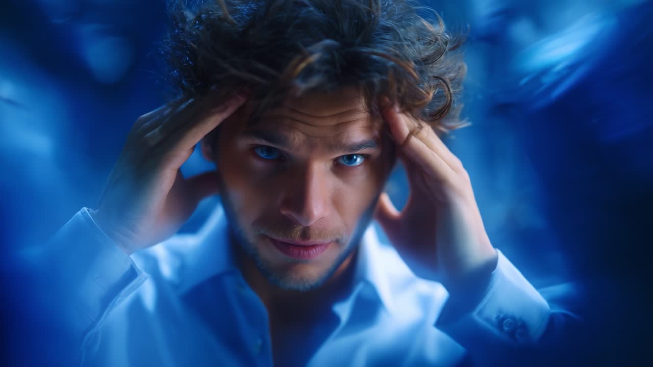 Intense Emotional Moment Captured: A Man with Curly Hair is Deep in Thought, Holding His Head, Surrounded by a Dreamlike Blue Atmosphere, Evoking Contemplation