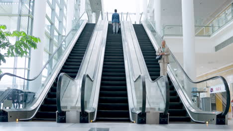 escalator, morning and business people travel to