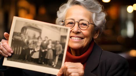 elderly woman holding a vintage photo at a historical exhibition