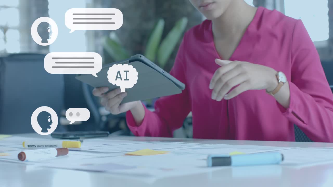 animación de chat de ia digital sobre mujer de negocios biracial usando tableta en la oficina