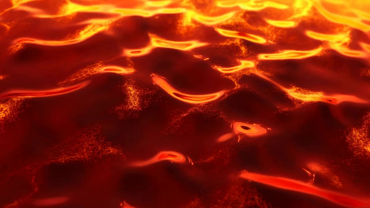 Superficie di lava fusa incandescente con increspature, bagliore di calore rosso-arancio e braci ardenti, correnti di magma fluenti.
