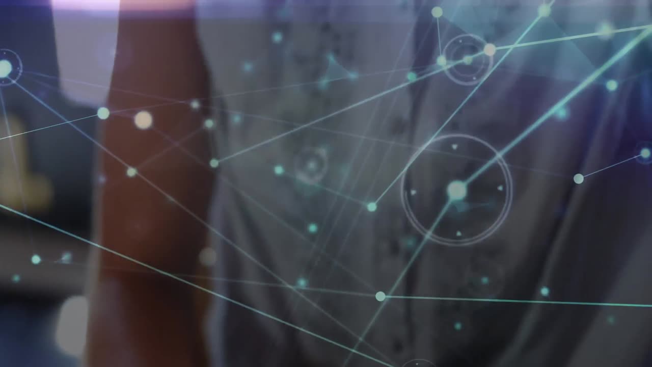 Animation of network of connections over caucasian businesswoman using vr goggles in office