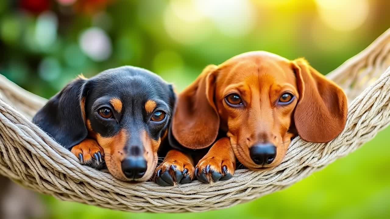 Two dachshunds in a hammock