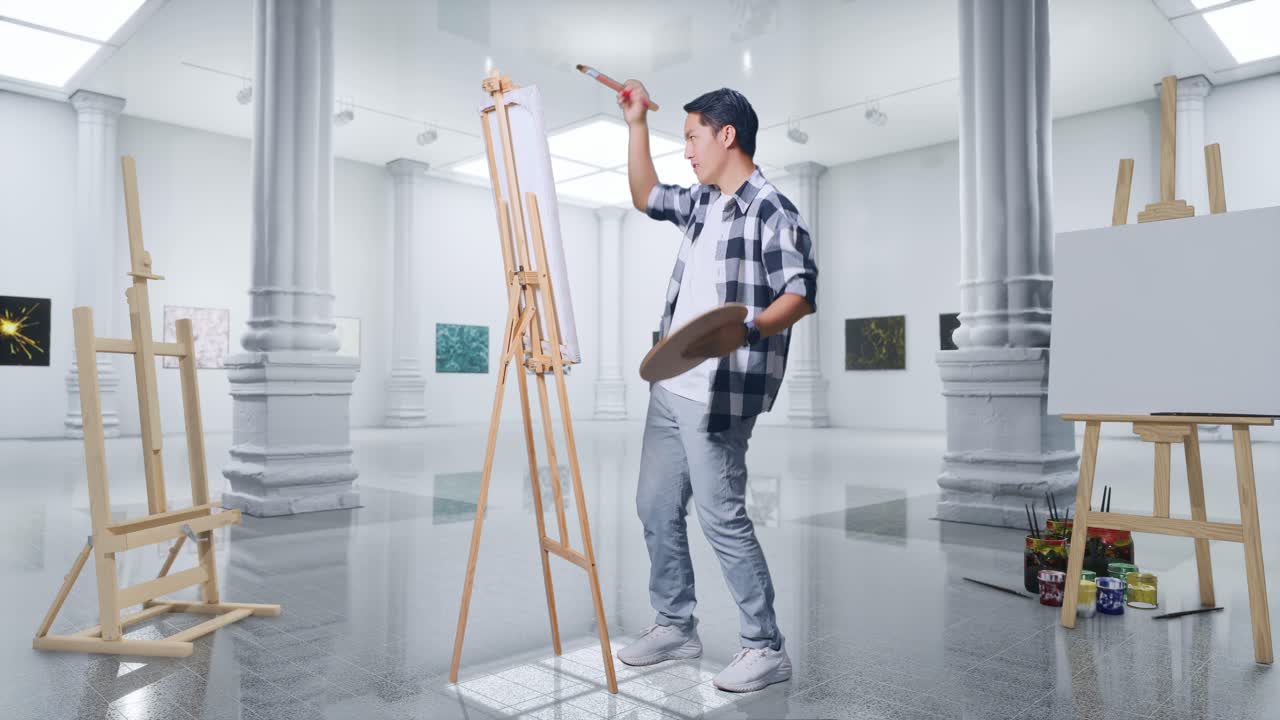 갤러리에서 화가 그림을 그리는