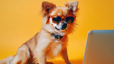 a dog wearing sunglasses sitting next to a laptop computer