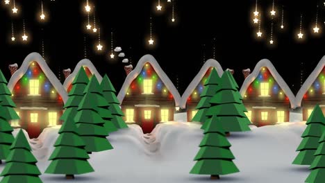 animación de estrellas cayendo sobre casas con luces de hadas