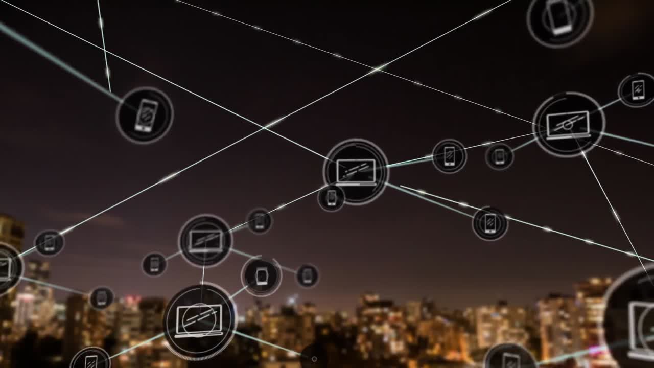 도시 풍경 위의 아이콘으로 연결된 네트워크의 애니메이션