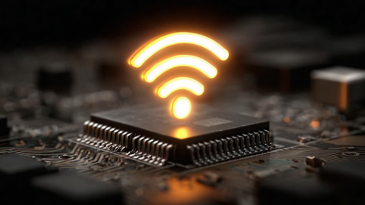 Illuminated Wi-Fi Symbol Over Circuit Board: Exploring the Connection Between Technology and Wireless Communication in Modern Devices