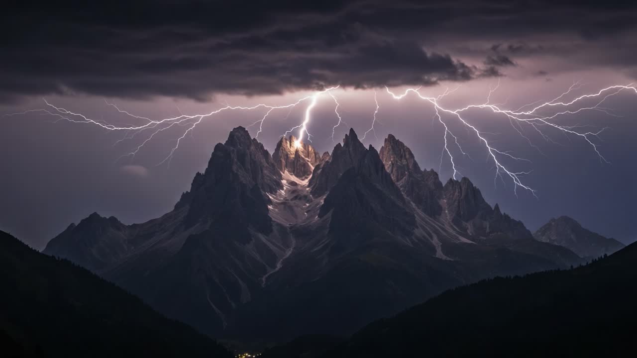 Lightning Striking Mountains at Night