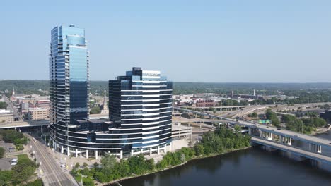 bridgewater place building, located in grand rapids michigan along the grand river, aerial view