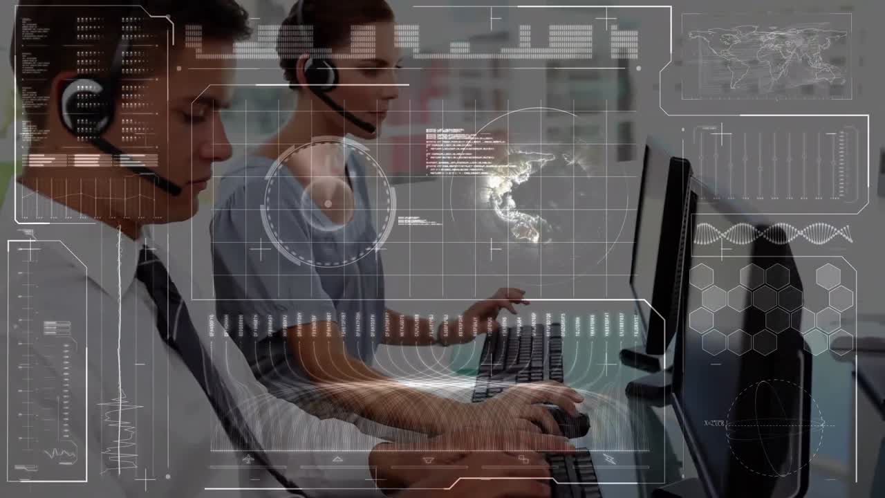 animación del procesamiento de datos financieros sobre personas de negocios que usan auriculares trabajando en la oficina