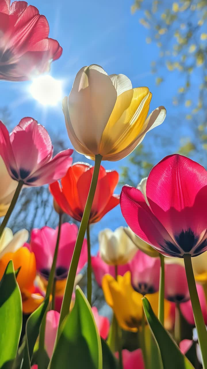 Vibrant tulips shot from a low angle against a bright blue sky, capturing sunlight