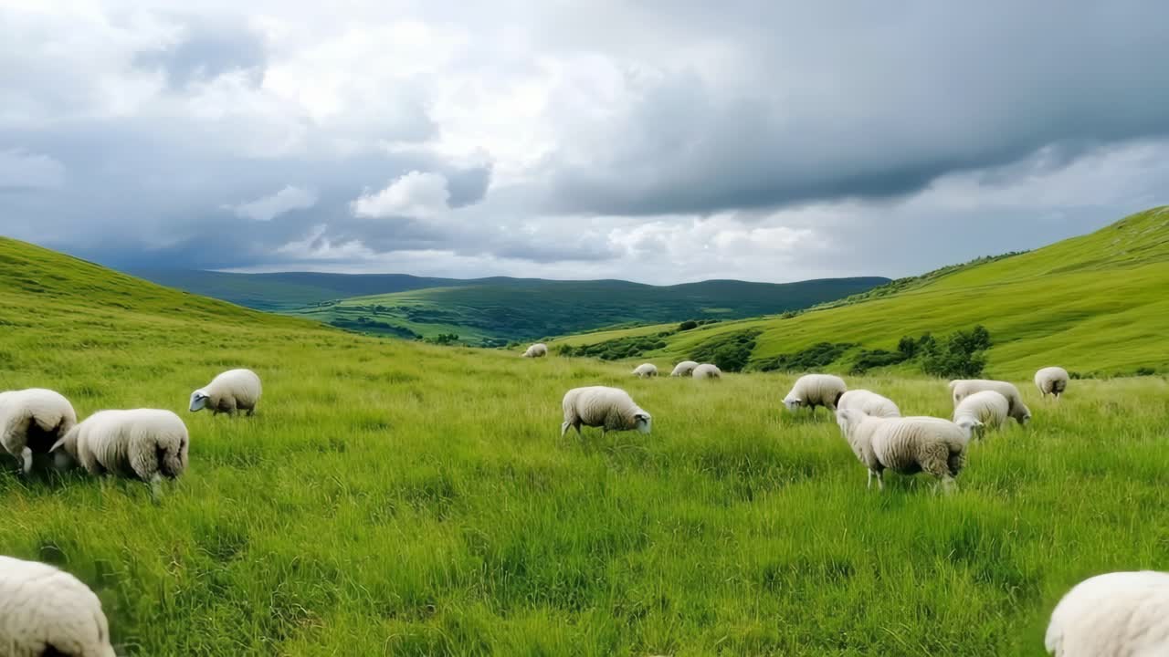 Video grandangolare che riprende un paesaggio sereno di pecore che pascolano su lussureggianti colline verdi sotto un drammatico