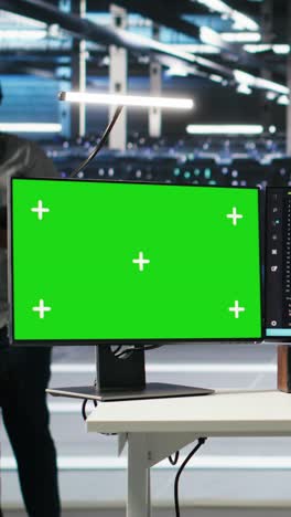 vertical video data center worker with paraplegia using node trees on green screen pc