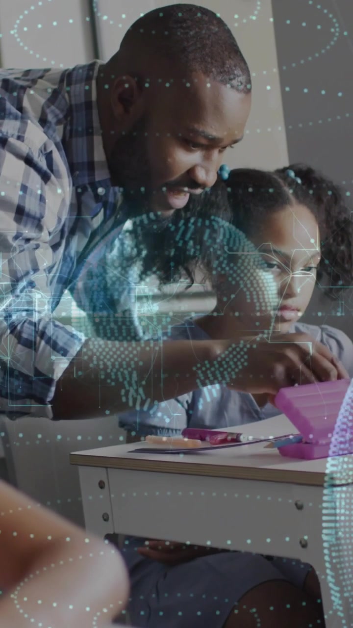 Vertical video: Tutor pointing, guiding child on tablet for learning as globe animating over screen