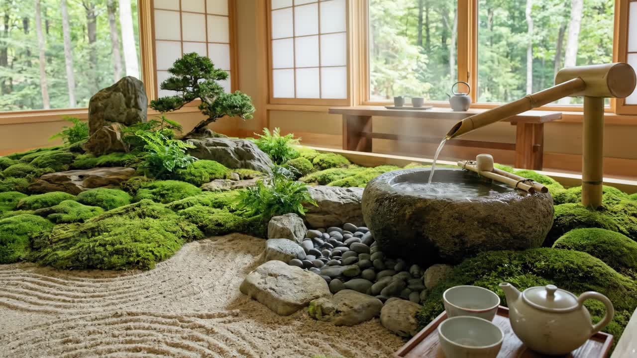 สวนเซนญี่ปุ่นอันเงียบสงบ พร้อมน้ำไหล และวิวป่า