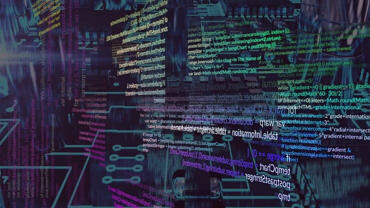 Farverig programmeringskode og animation af digital databehandling over mørk baggrund.