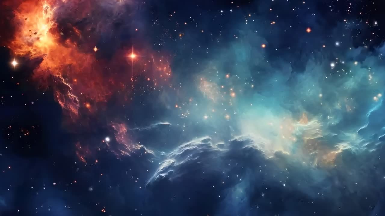 A mesmerizing video of a colorful nebula in deep space, captured from a wide-angle perspective