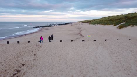 Aerial-shot-of-a-group-of-friends-walking-leisurely-along-a-beach-towards-a-seal-viewpoint