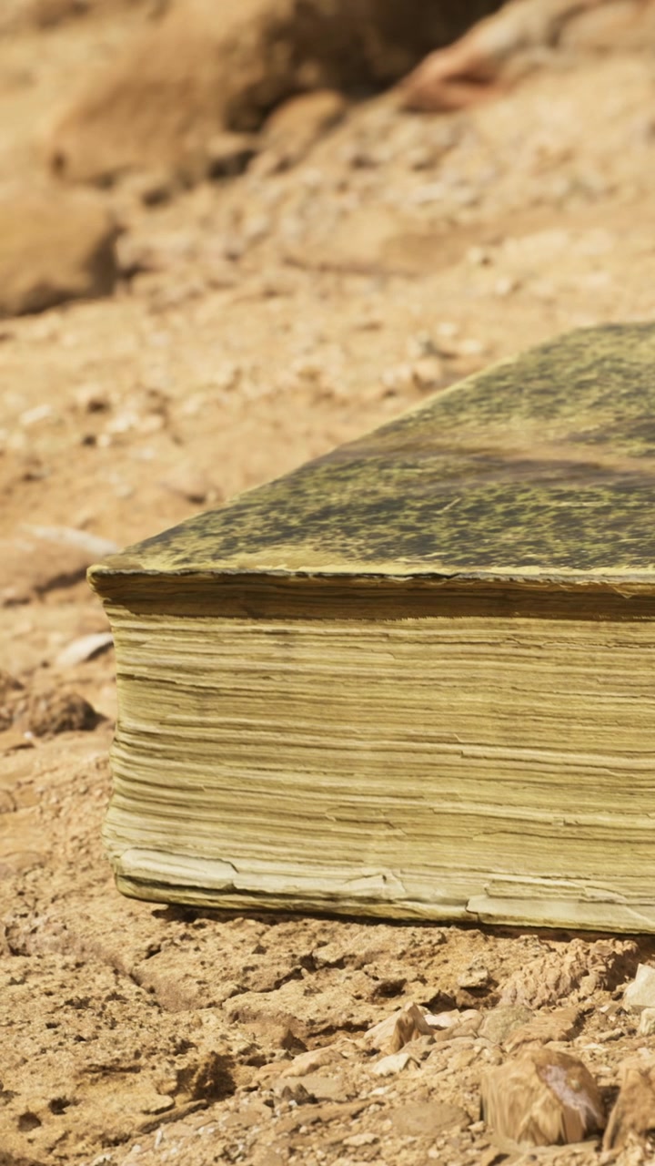 Libro antico appoggiato su terra illuminata dal sole in un ambiente esterno sereno.