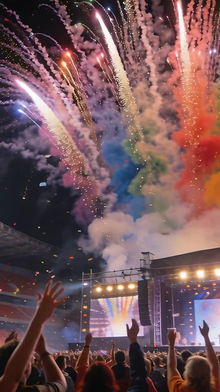Video verticale: Folla in piedi che alza le mani e riprende allo stadio, reagendo al finale dei fuochi d'artificio.