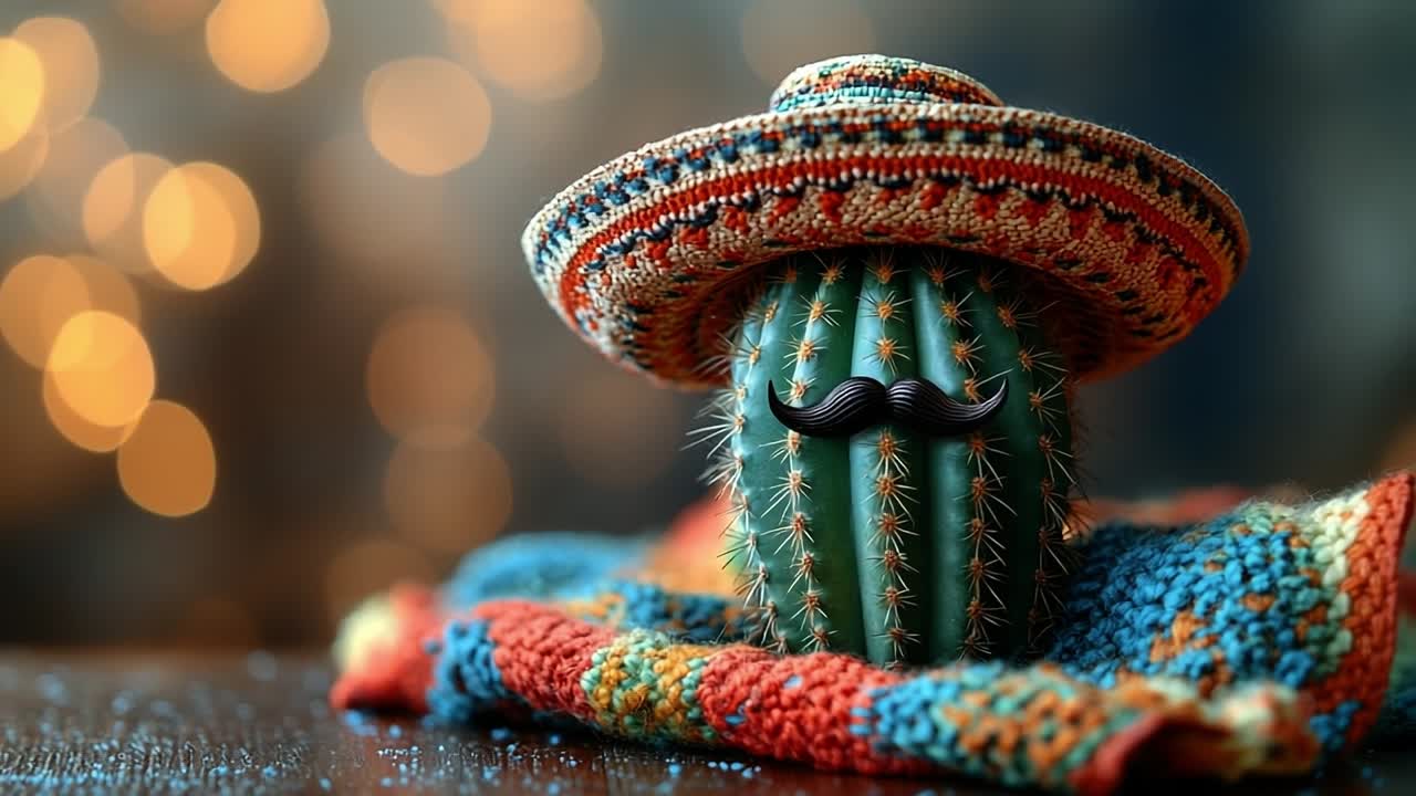Cactus in a sombrero with a mustache. A cactus wearing a colorful sombrero and a mustache rests on a vibrant textile, surrounded by soft lights.