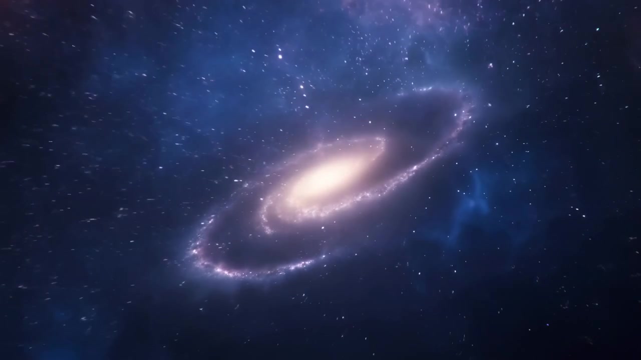 光り輝く紫と青の星雲が暗い星野を漂い、散らばる光の点と柔らかな宇宙の霞が鮮やかな抽象的な宇宙空間を作り出しています。