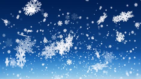 animation of white christmas snowflakes falling on blue background