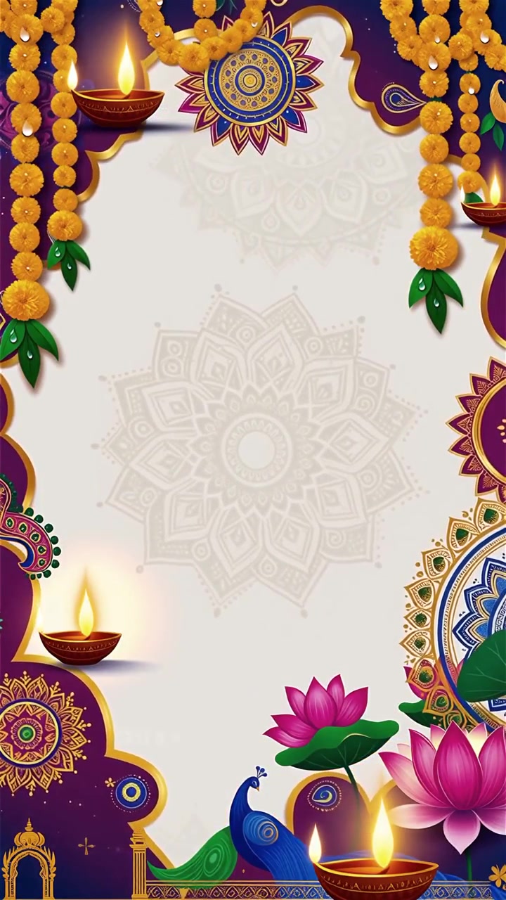 Sfondo Diwali con Diyas luminosi, Rangoli e fiori di loto