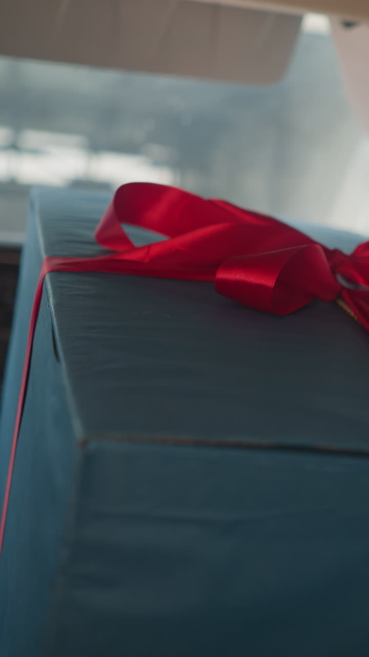 Man puts hand on large blue present box with red ribbon sitting in light aircraft. Secret gift prepared for girlfriend on birthday celebration closeup