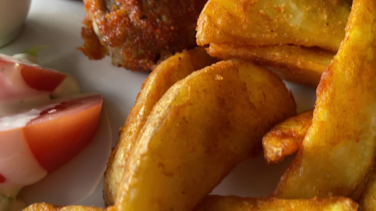 chuletas de cerdo y papas fritas servidas en un restaurante en islandia con video en primer plano