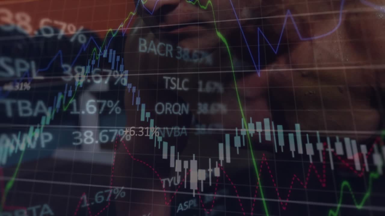 Man pressing hand on mat starting scrolling stock charts overlaying face, showing training results