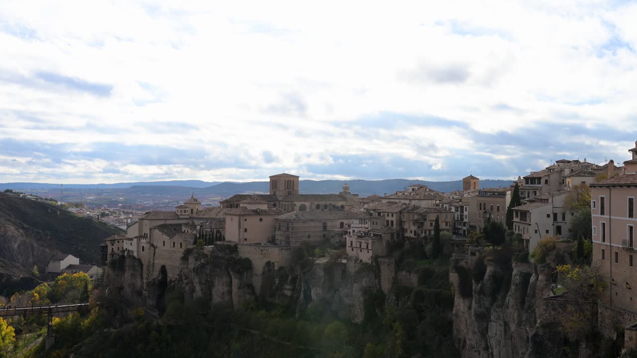 CUENCA, SPAIN - A panoramic view of the historic UNESCO city, famous for its iconic Hanging Houses (Casas Colgadas) built into the sheer cliffs of the gorge.