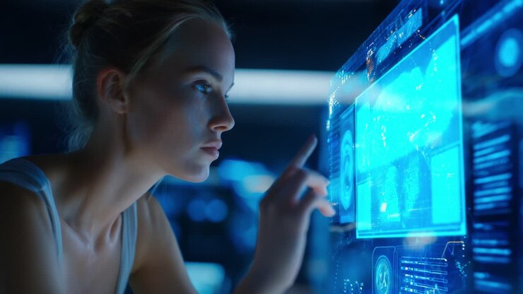 A focused individual interacts with a futuristic, holographic interface displaying complex digital data and visualizations, merging technology and human insight in a captivating digital landscape