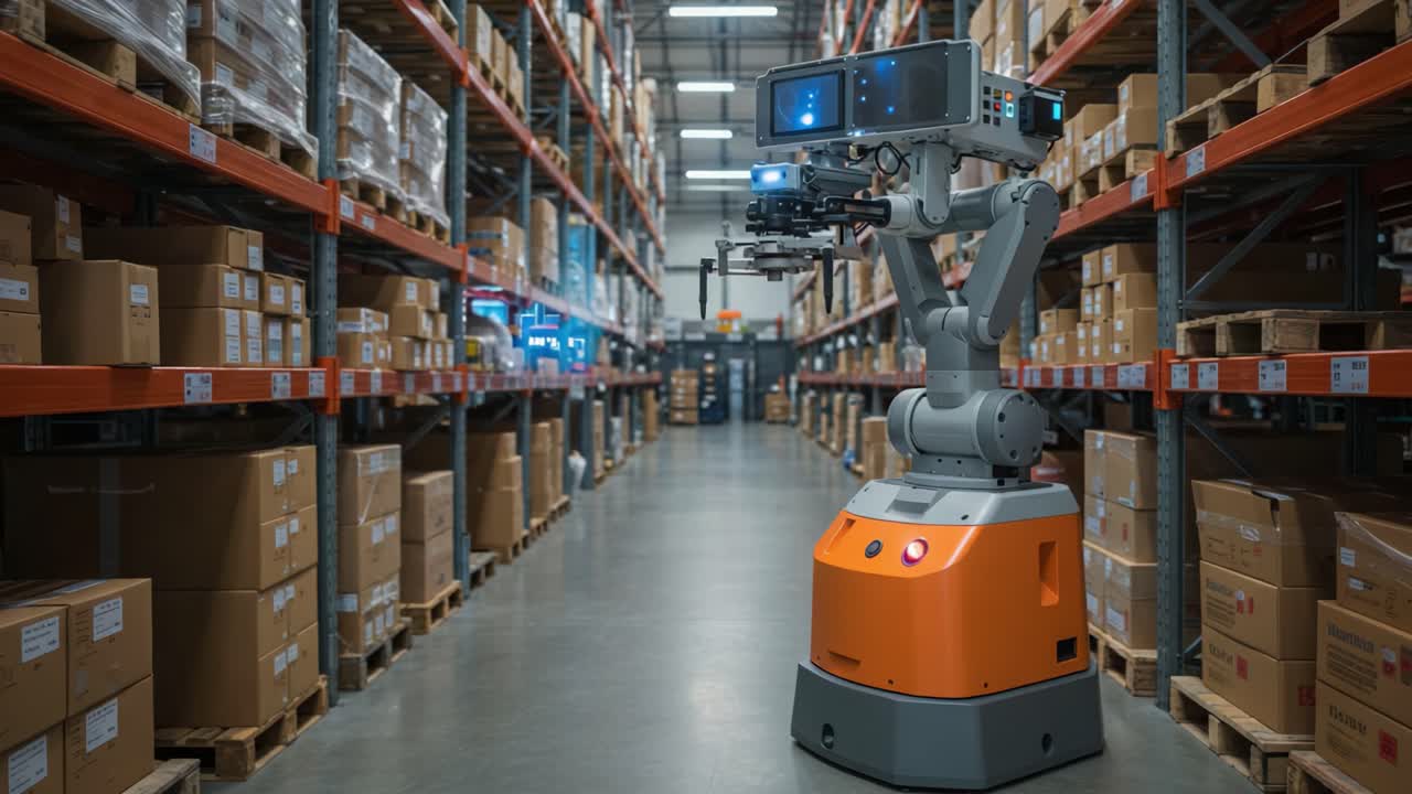 Advanced Warehouse Automation: A State-of-the-Art Robot Navigating Through Rows of Inventory Boxes, Demonstrating Efficiency in Modern Logistics Operations