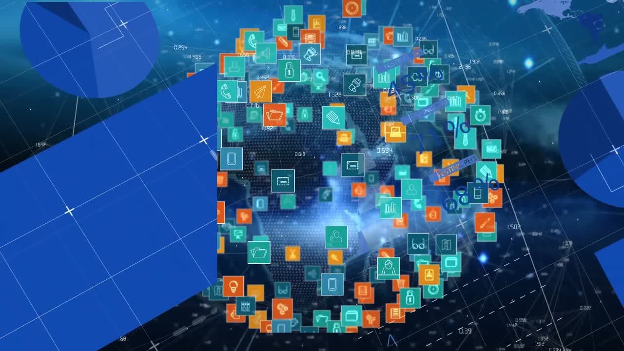 animación de la red de conexiones e íconos sobre el procesamiento de datos.