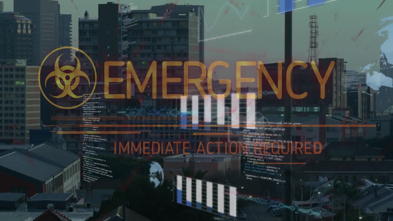animación del símbolo de peligro biológico y texto de emergencia y procesamiento de datos sobre una vista aérea del paisaje urbano