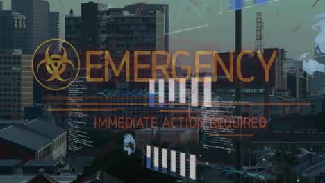 animation of biohazard symbol and emergency text and data processing over aerial view of cityscape