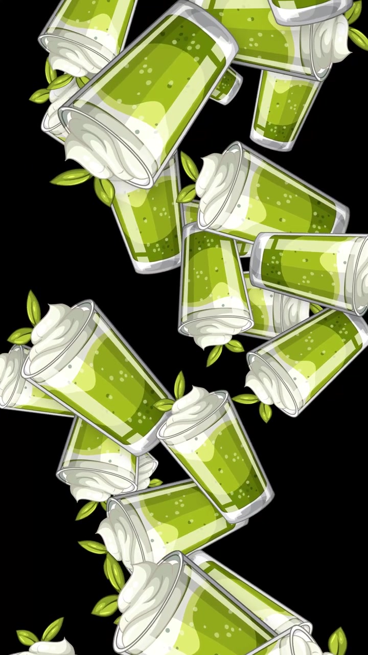 Animated green tea latte cups with whipped cream falling against a black vertical background.
