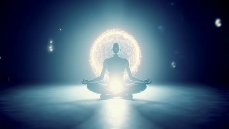 a meditative figure in a glowing sphere