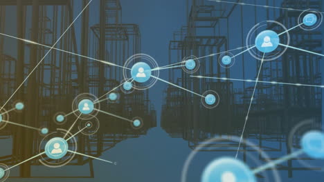 animación de la red de conexiones con íconos sobre modelo de ciudad digital en fondo azul