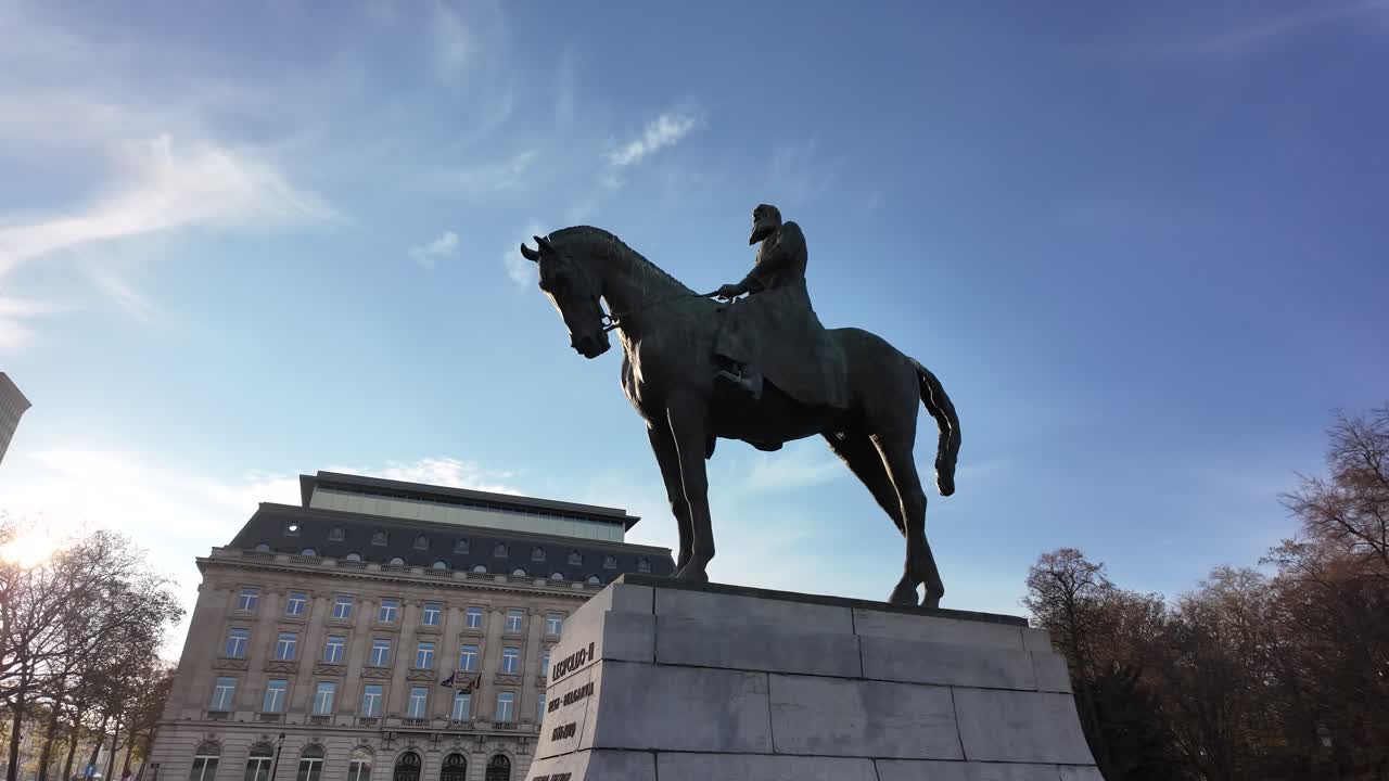 Slow motion view of the equestrian statue of Leopold II in Brussels