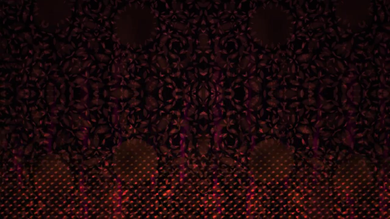 Dark Abstract Kaleidoscope Pattern with Shimmering Red Dots