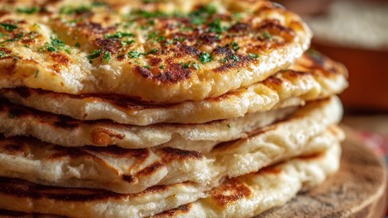 Deliciously Golden Flatbreads Stacked High, Showcasing Their Perfectly Crispy Edges and Fluffy Interior, Garnished with Fresh Herbs for an Appetizing Touch