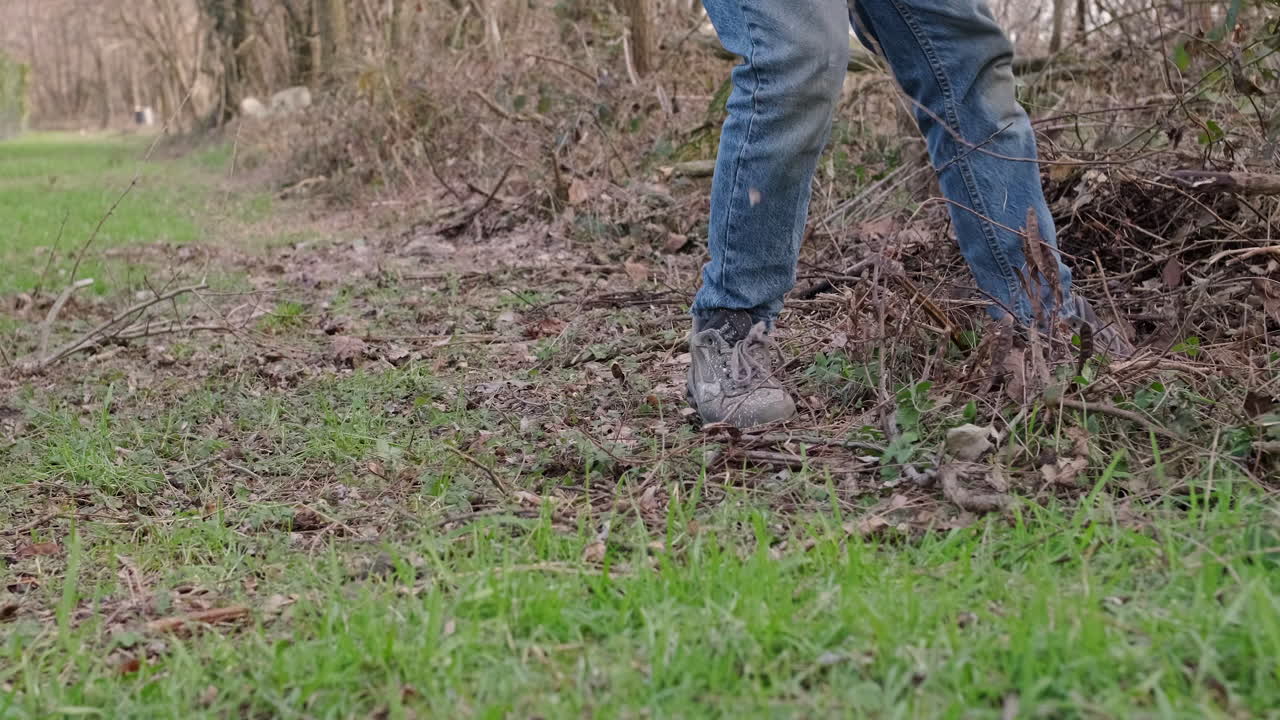Man In Blue Jeans Walking And Works In The Woods In The Middle Of The Brambles While Clearing the Area During the Winter - Low Angle Shot, Slow Motion