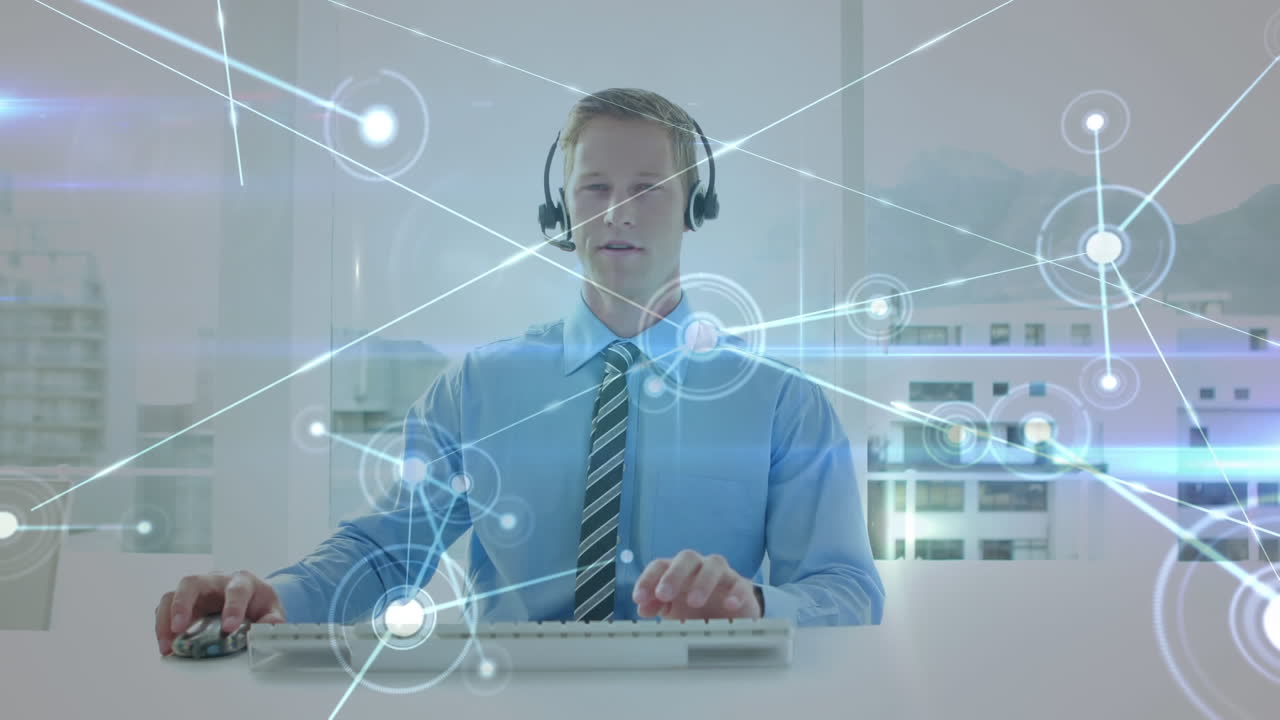 Animation af forbindelsesnetværk over en forretningsmand med telefonheadset