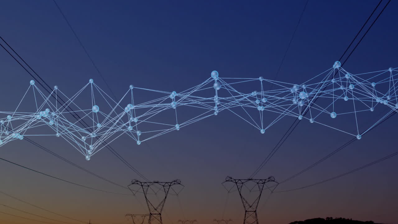3D network forming wave across transmission towers, streaming data with glowing blue spheres