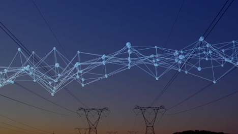 3D network forming wave across transmission towers, streaming data with glowing blue spheres