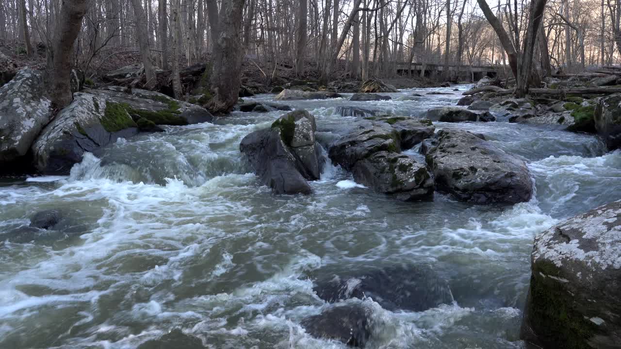 Un fiume che scorre sulle rocce e sui massi nel bosco in autunno.